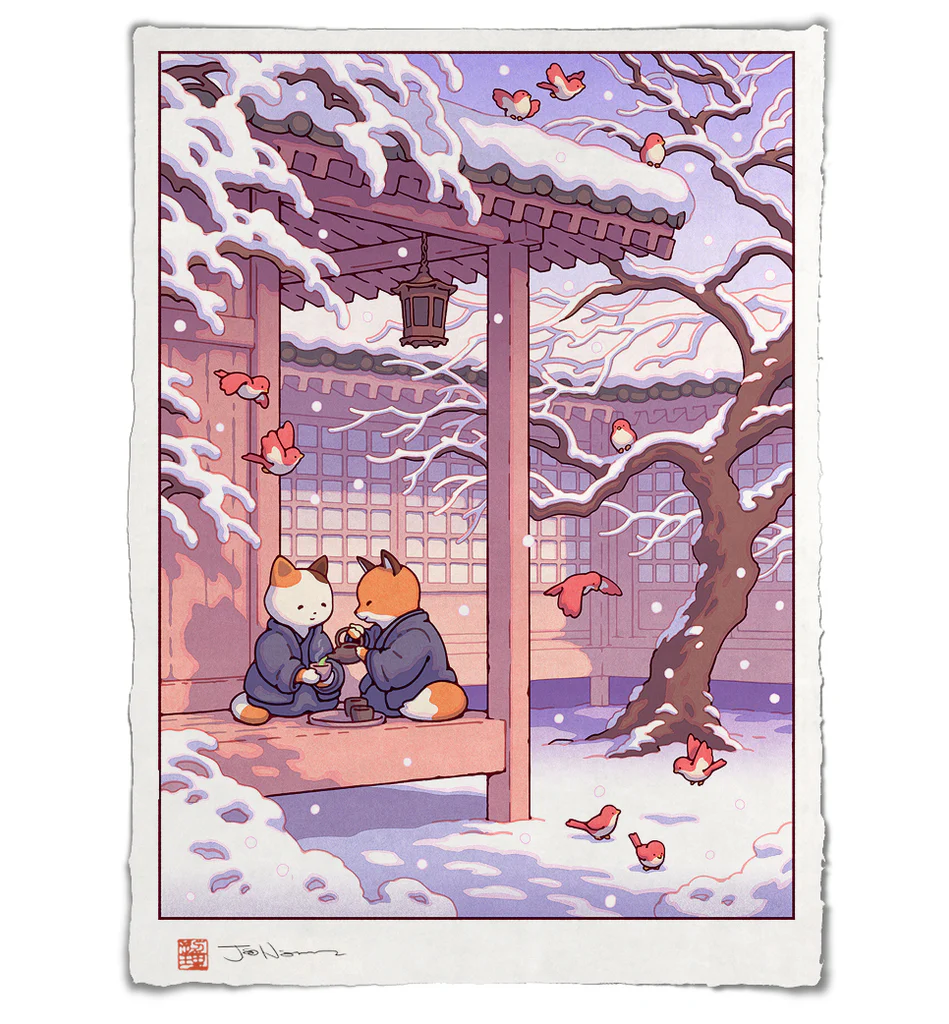 Fox and Cat, Green Tea in Snow
